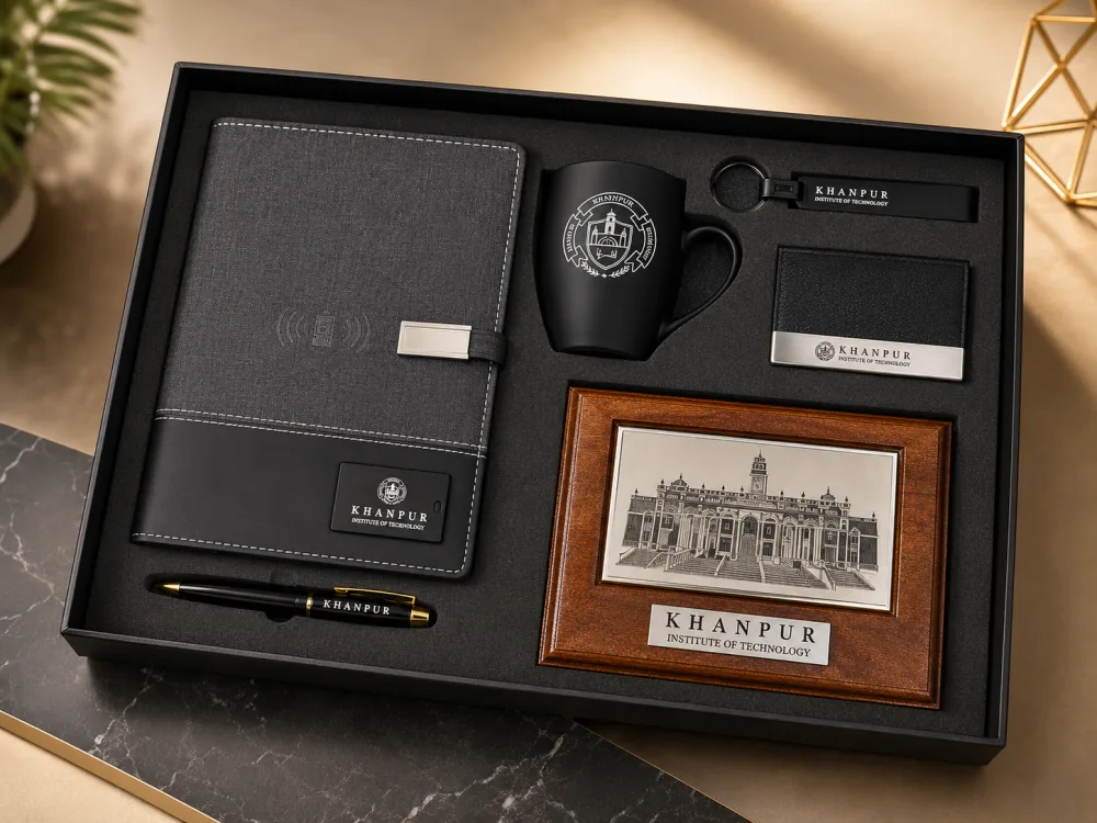 Branded corporate gift set for Khanpur Institute of Technology with diary, mug, keychain, card holder and engraved plaque
