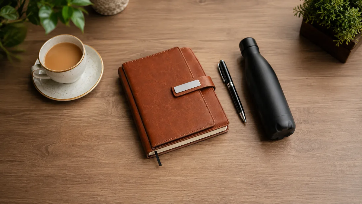 Corporate gift set: branded leather diary, metal pen and insulated bottle